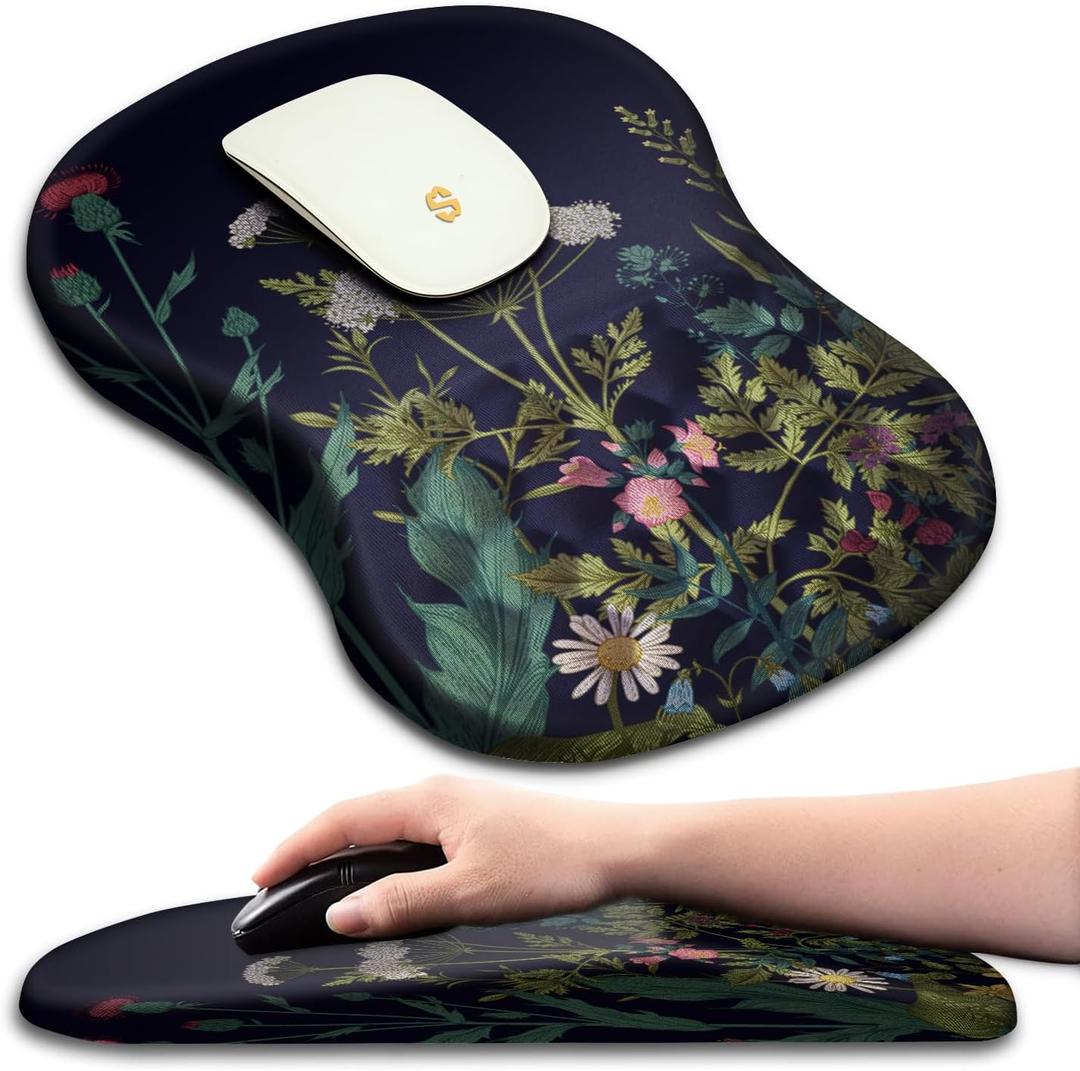 Ergonomic Mouse Pad with Wrist Rest Support, Massage Design Relief for Carpal Tunnel Pain, Entire Memory Foam Non-Slip, Midnight Flowers