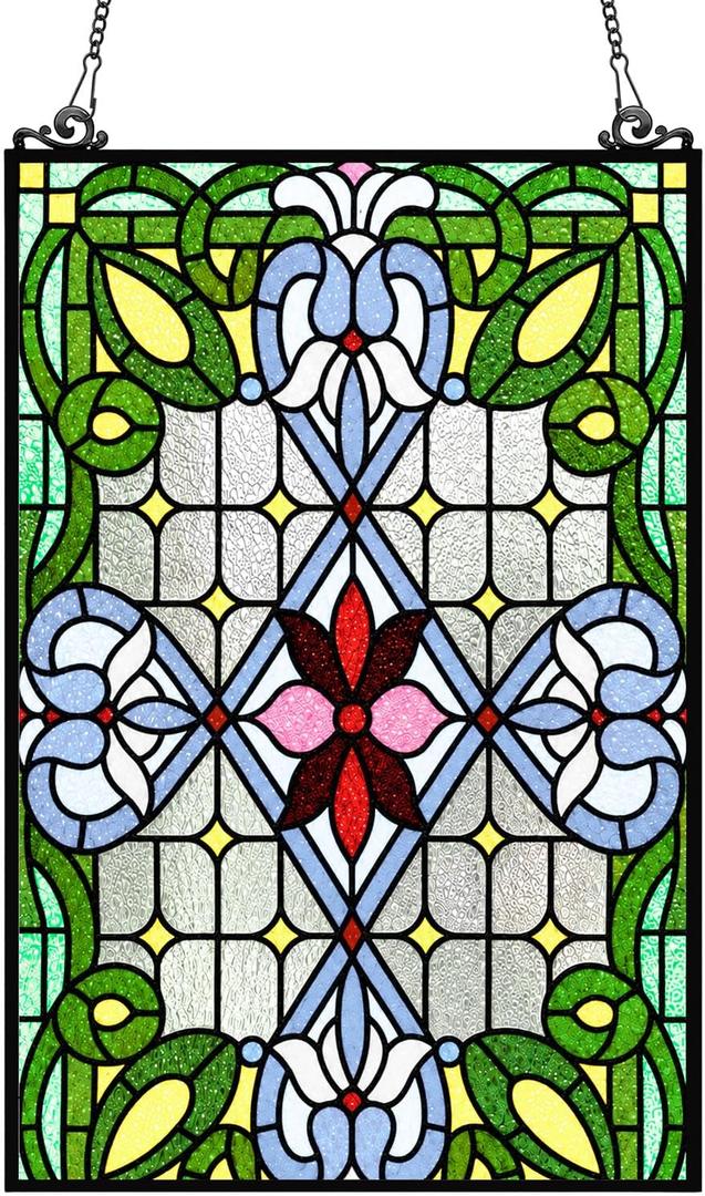 Sosation 25" x 18" Stained Glass Window Panel, Decorative Stained Glass Window Hangings, Hanging Transom with Chain, Vintage Art Handcrafts for Living Room, Kitchen, Cafe, Home Decor (Blue Floral)