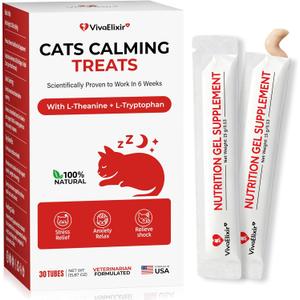 Cat Calming Treats  Natural Stress, Anxiety & Shock Relief for Cats  Featuring L-Theanine, L-Tryptophan & Catnip  100% Veterinarian Formulated, 30 Likable Gel Tubes for Quick Calm & Relaxation, Exp Date: 09/20/2027