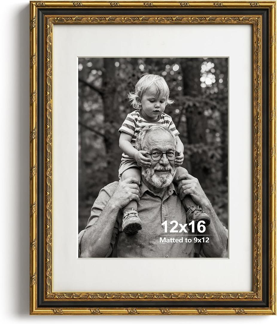 Yaetm 12x16 Gold Picture Frame, Ornate Vintage Black & Gold Frame, Single