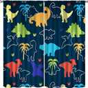 Boys Dinosaur Curtains, Cartoon Dino Kids Window Treatments for Boys Girls Children Nursery Living Room Bedroom, Colorful Safari Animal Navy Blue Drapes 2 Panel Sets,42x45 Inch