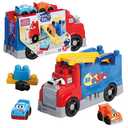 MEGA BLOKS First Builders Toddler Building Blocks Toy Set, Build & Race Rig with 2 Pieces, 2 Race Cars and Storage, Red, Ages 1+ Years