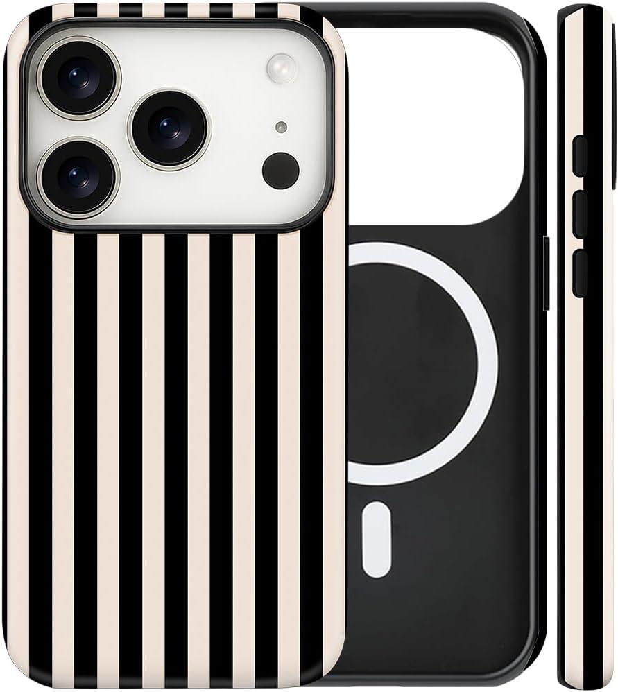 Magnetic for iPhone 17 Pro Case Cute Stripes Phone Case, Shockproof Slim TPU and Hard PC Protective Phone Cover Compatible with MagSafe Designed for Women Girls, Black and White