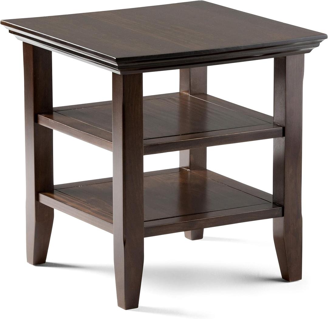 SIMPLIHOME Acadian End Table - 19 inch Wide Solid Wood Square Side Table with 2 Open Shelves in Brunette Brown, Transitional Nightstand or Shelving Unit for Living Room or Bedroom with Storage