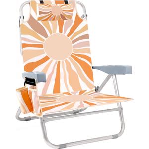 Beach Chair for Adults, 5 Position Lay Flat Backpack Beach Chair with Cooler, Cup Holder and Storage Bag, Portable Folding Heavy Duty Beach Lounger for Outdoor, Lawn, Camping, Festivals-Boho Sun, Small
