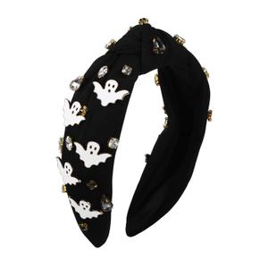 xieketn Black Halloween Headbands for Women, Fashion Ghost Halloween Accessories, Top Knotted Headbands for Women, Black Headband with Alloy Rhinestone Embellishment Spooky Party Hair Accessory