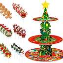 Christmas Cupcake Stand 3 Tier Christmas Dessert Stand Holder with 24 Pcs Cupcake Toppers Xmas Cake Tower Tray Cardboard Pastry Serving Tray Stand for Xmas New Year Party Decoration Supplies