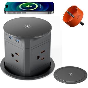Pop Up Countertop Outlet with 15W Wireless Charger, Pop up Outlet, Max 20W USB Power Delivery, 3.9" Space Saver Recessed Outlet, Pop Up Electrical Outlet with 4 Outlets 2 USB Ports for Home Office (Grey）