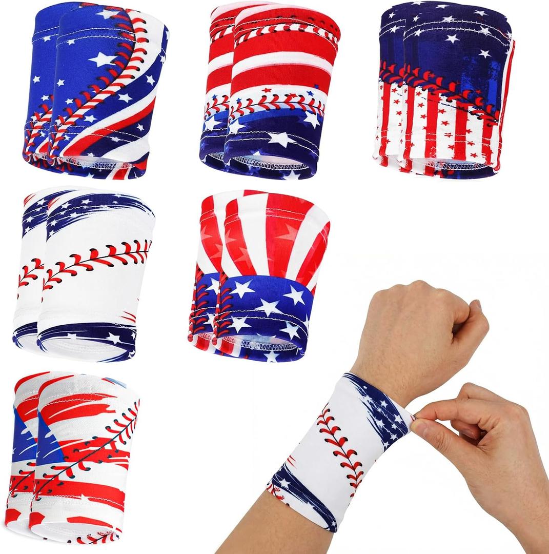 6 Pairs Baseball American Flag Wristbands Non Slip Baseball Wristband Red White and Blue Patriotic Arm Wrist Bands USA Absorbent Sport Sweat Band for Men Women Sport Gym Exercise