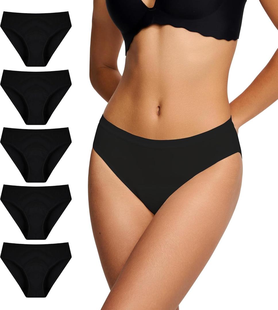BATTEWA Womens Leak Proof Underwear Light Incontinence Bikini Panties Reusable Odor Control Protective Briefs for Ladies Teens 40ml (Black, S, 5 Pack)