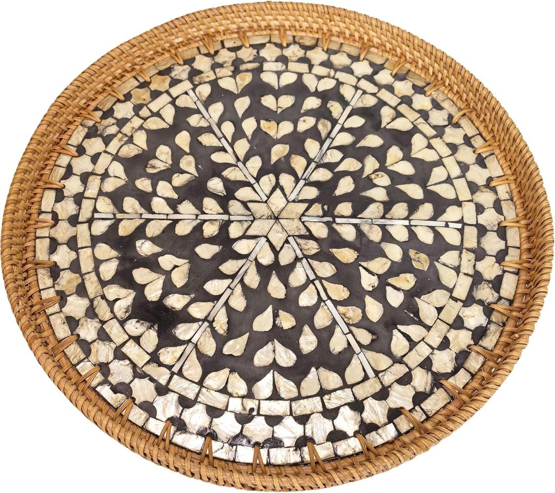 16-Inch Black Rattan Lazy Susan with Mother of Pearl Inlay Large Rotating Turntable for Dining Table, Kitchen & Holiday Entertaining, Decorative Serving Tray, Elegant Housewarming Gift