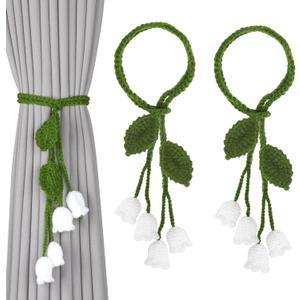 OCIOLI 2 Pack Boho Handmade Flower Curtain Tiebacks Curtain Holdbacks - No Drill Rope Curtain Holder, Drapery Holdback Decorative Pull Backs for Nursery & Bedroom Decor (2, Lily of The Valley)