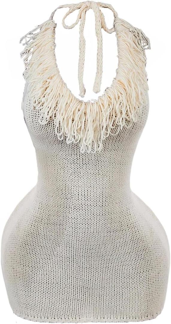 Floerns Women's Tassel Trim Halter Dress Tie V Neck Backless Knitted Bodycon Mini Dresses (Medium, Apricot)