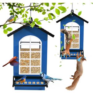 Bird Feeder Squirrel Proof Metal Hanging for Outdoor Wild Bird Seed, 5LBS with Bilateral Weight-Activated Perches, Heavy Duty Bird Feeders for Outside Wild Bird - Blue