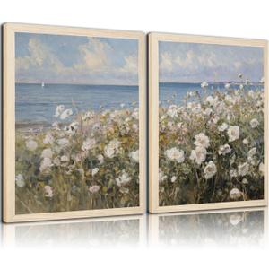 2-Pcs Framed Landscape Wall Art, Coastal Floral Canvas, Beach Scenery Poster Painting For Living Room, Bedroom, Gallery, Home Decor, 16x24 Inches, Ready To Hang (White flowers and sea)