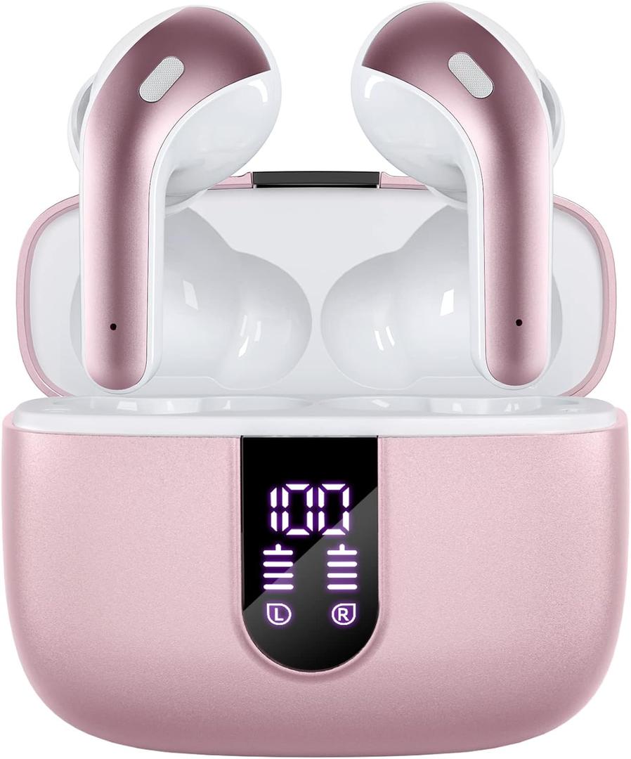 TAGRY Bluetooth Headphones True Wireless Earbuds 60H Playback LED Power Display Earphones with Wireless Charging Case IPX5 Waterproof in-Ear Ear buds with Mic for TV Smart Phone Laptop Computer Sports (Pink)