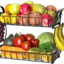 2-Tier Countertop Fruit Basket Bowl Storage with Two Banana Hangers and Wooden Handles, Black