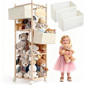 Stuffed Animal Storage & Organizer, with 2-Piece Large Detachable Toy Storage Bags, Wooden Tall Zoo Toys Storage with Wheels for Kids Playroom Kidroom Bedroom, Easy Assemble, 53 Inch