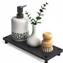 Quick Dry Sink Caddy Kitchen Sink Organizer, Water Absorbing Stone Tray for Sink, Stone Drying Tray, Diatomite Faucet Mat & Protector, Dispenser Sponge Holder, Stone Soap Tray for Bathroom Counter (Dark Gray Metal Foot Wave Large)