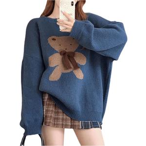SHENHE Women's Cute Cartoon Bear Bow Oversized Sweater Crew Neck Ribbed Knit Pullovers Blue Medium