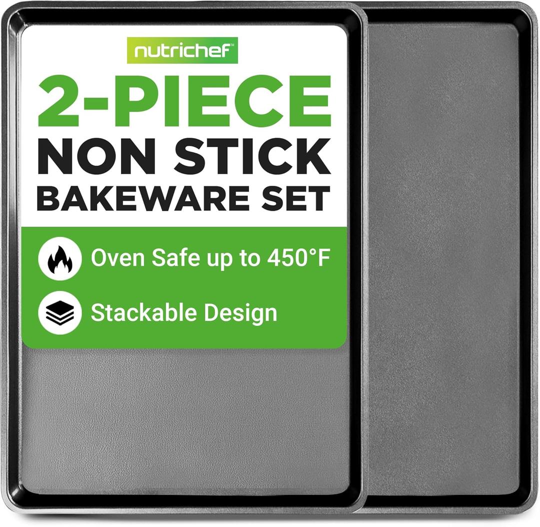 NutriChef 2-Piece XL Mega Cookie Sheet Baking Pans Set - 22" x 16" Extra Large Nonstick Carbon Steel Oven Baking Tray Pans, Stackable Bakeware, Black - NCLGBP16