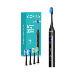 COSLUS Sonic Electric Toothbrush for Adults: 3 Intensities & 5 Modes Customized for Effective Yet Gentle Cleaning - 2 Types of Heads for Gentle or Daily Care, Travel & Family Home Use, Black, 1PC