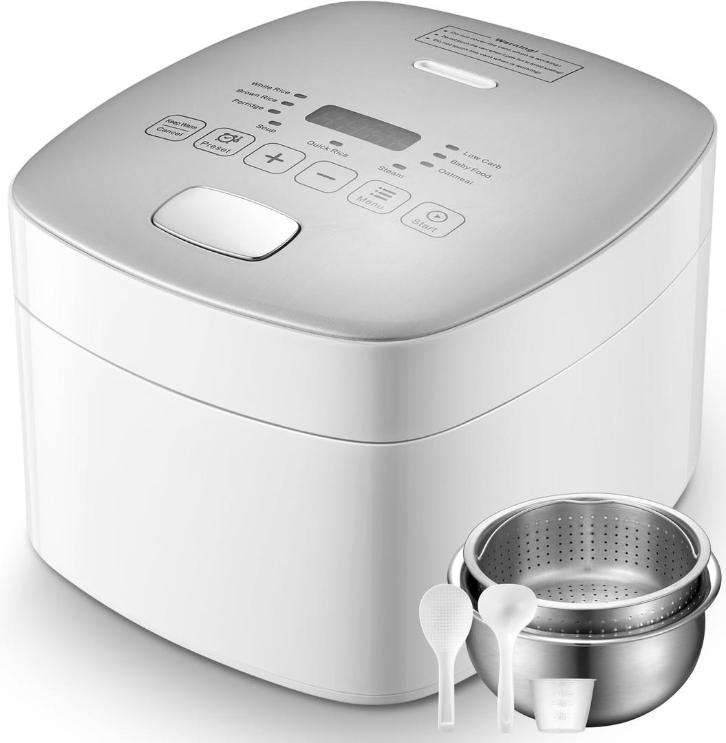 Novaspark Low Carb Rice Cooker Stainless Steel Inner Pot, Mini Stainless Steel Rice Cooker Small 5 Cup, LED Display Low Sugar Rice Maker, 24H Timer and Auto Keep Warm, White Rice/Porridge/Oatmeal