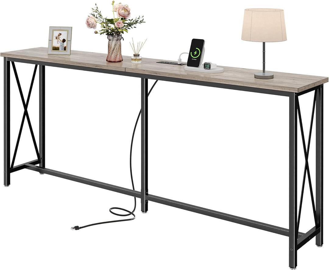 SUPERJARE 70 Inch Console Table with Outlets and USB-C Port, Extra Long Behind Couch Sofa Table with X-Shaped Design, Narrow for Entryway, Living Room, Metal Frame, Wooden Top, Grey Oak