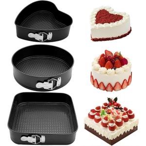Springform Cake Pan Set of 3 (7, 8, 9 Inch) Heart Round Square Leakproof Nonstick Cheesecake Pans with Removable Bottom Carbon Steel Bakeware