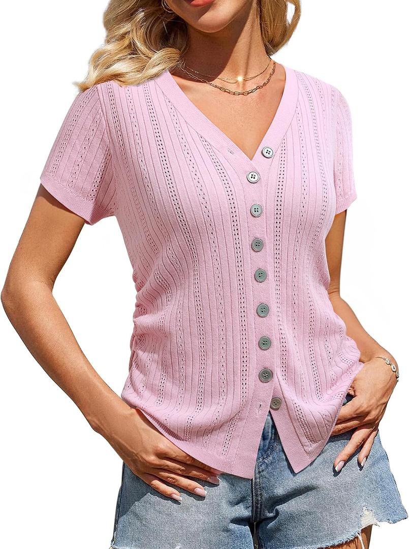 Messic Womens Short Sleeve Sweaters V Neck Casual Summer Knit Pullover Tops (Pink, XL)