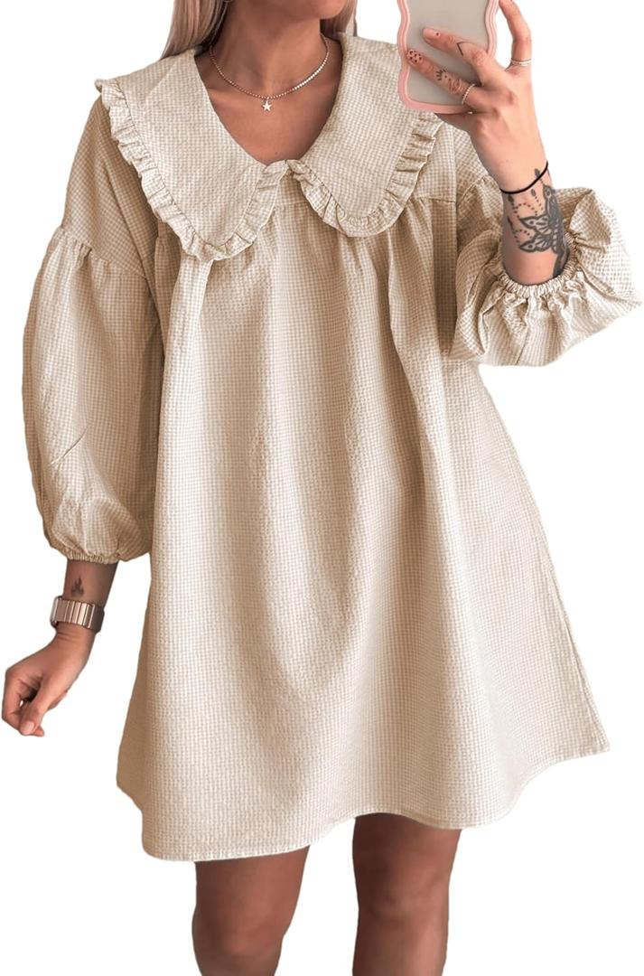 2026 Women's Baby doll 3/4 Puff Sleeve Plaid Mini Dress Lapel Doll Collar Loose Y2k Dress (Khaki, XS)