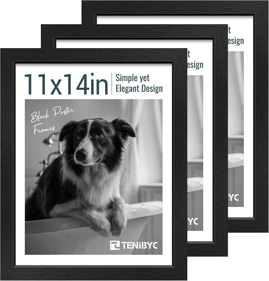 11x14 Picture Frame Set - 3 Pack, Textured Black Solid Wood, HD Tempered Glass, Wall Gallery Photo Frame