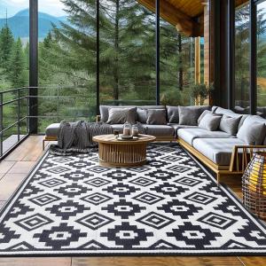 Shilucheng Outdoor Rug 10'x12', Waterproof Area Rug, Reversible Plastic Straw Rug for Patio Decor, Foldable Outdoor Mat for Camping, RV, Deck, Picnic, Beach, Backyard Outdoor Carpet (Black/White) 