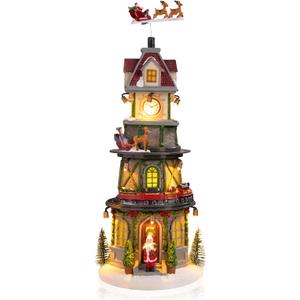 Afirst Christmas Village Houses Figurines Bell Tower with Motion and Lights Santa Reindeers Revolving Train Lighted Christmas Animation Village Musical with USB Indoor Display Figurines Decoration