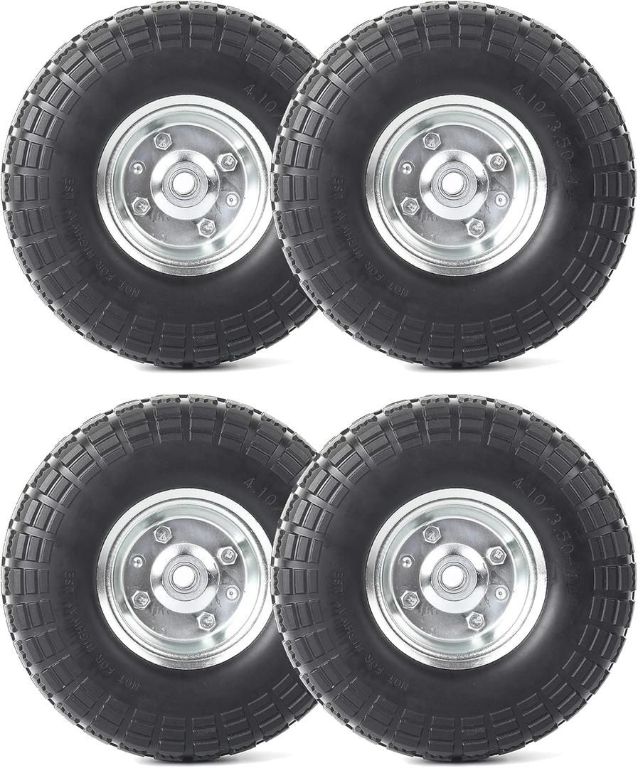 AR-PRO (4-Pack) 10-Inch Solid Rubber Tire Wheels - Replacement 4.10/3.50-4" Flat Free Tire with 5/8" Bearings, 2.2" Offset Hub - Perfect for Lawn Garden Cart, Hand Truck, Wheelbarrow, Utility Cart (Silver)