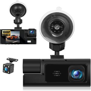 3 Channel Dash Cam Front and Rear Inside, 2.0'' 1080P Dash Camera for Cars, Dash cam Three Way Triple Car Camera with Super Night Vision,Wide Angle,Loop Recording, G-Sensor, 24 Hours Recording