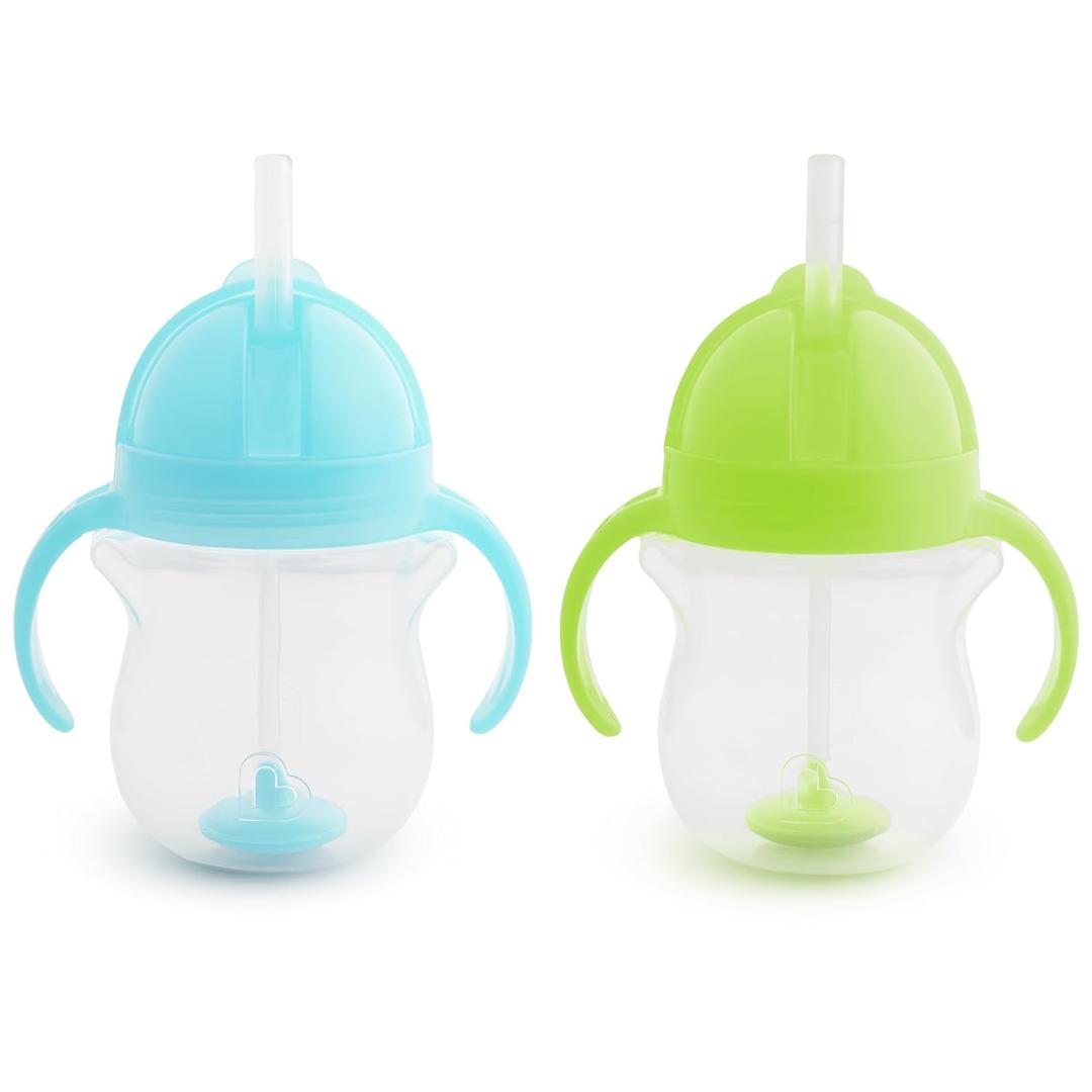 Munchkin Any Angle Sippy Cups for Toddlers, Spill Proof Weighted Straw Cup with Transition Handles for Babies 6 Months and Up, 2 Pack, Blue/Green