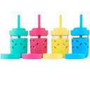 Elk and Friends Kids + Toddler Glass Cups | The Original 8oz Glass Mason Jar with Sleeves + Lids | Silicone Straws + Stopper | Smoothie Cup | Food Storage | Spill Resistant | Dishwasher Safe | 4 Pack