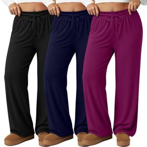 Neer 3 Pack Women's Plus Size Pants, Drawstring Wide Leg Lounge Pants with Pockets Casual Pajamas Comfy Loose Yoga Sweatpants (4X-Large, Black, Fuchsia, Navy Blue)