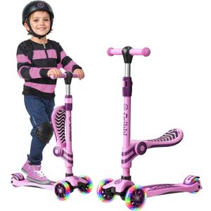 Pink and Purple 3 Wheel Scooter with Seat for Kids, Light-Up Wheels, Adjustable Lean to Steer Handlebar and Seat, Smooth Wheels, Wide No-Slip Deck, Rear Foot Brake, Toddler Outdoor Toys for Ages 2+