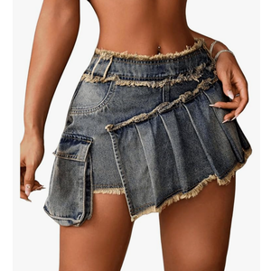 Women's Ripped Pleated Mini Denim Skirts Asymmetrical Raw Hem Jean Skirt Size S