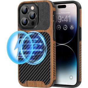 TENDLIN Magnetic Case Compatible with iPhone 14 Pro Max Case Wood Grain with Carbon Fiber Texture Design Leather Hybrid Slim Case (Compatible with MagSafe) Black