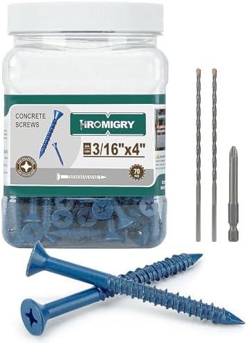 HROMIGRY 3/16" x 4" Concrete Screws (70 PCS) Flat Head 3/16 inch Concrete Anchors with Drill Bits for Masonry, Cement, Stucco, Brick and Block