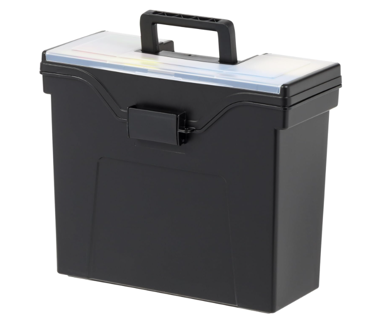 Portable File Box With Handle, Slim w/Organizer Lid, Plastic File Organizer Box for Letter Files, Hanging Filing Folder Organizer, Lockable, Secure Buckle, Black