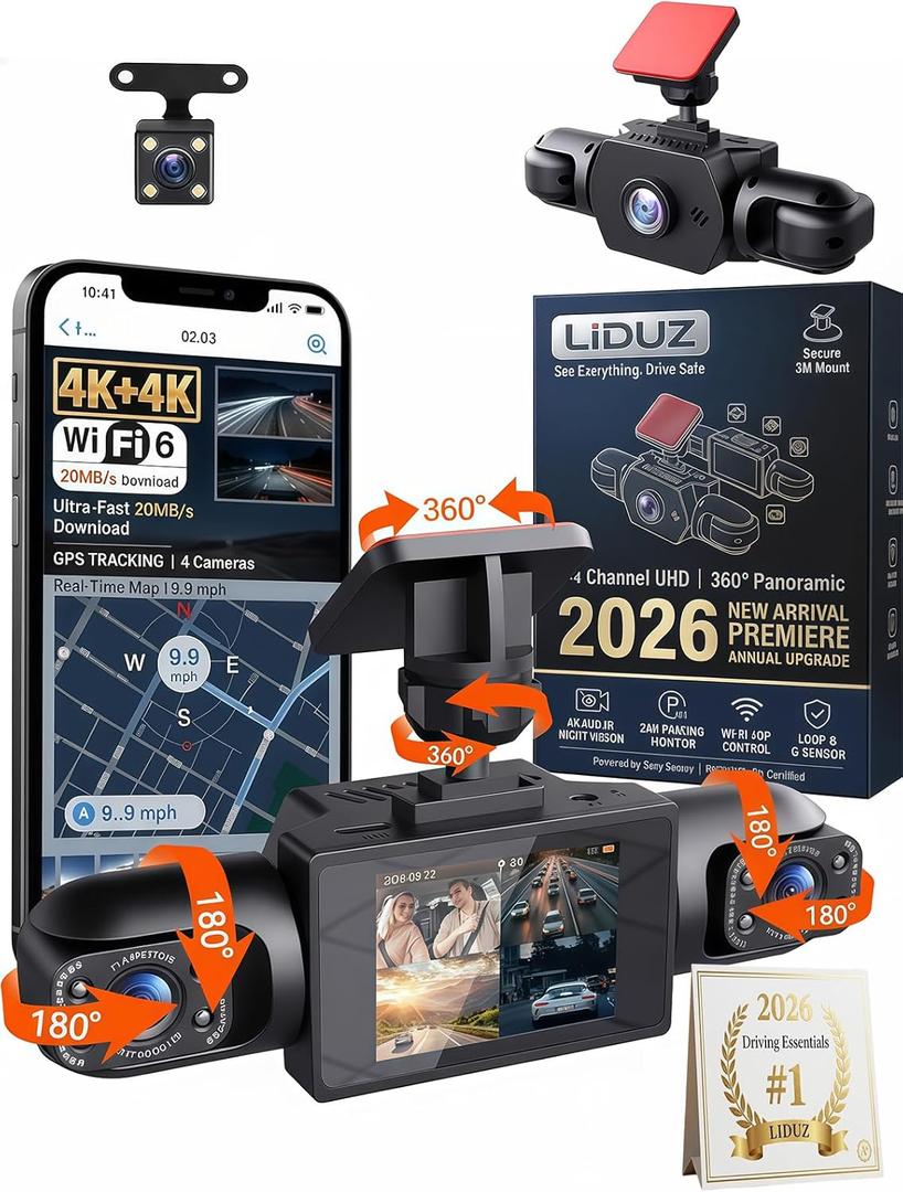 2026 New Full View Wireless Car Dashcam System,4k 4-Channel 360 Panoramic Dash Camera WiFi 6 Driving Recorder,Infrared Night Vision,24/7 Parking Monitor,G-Sensor,Motion Detection(64g)