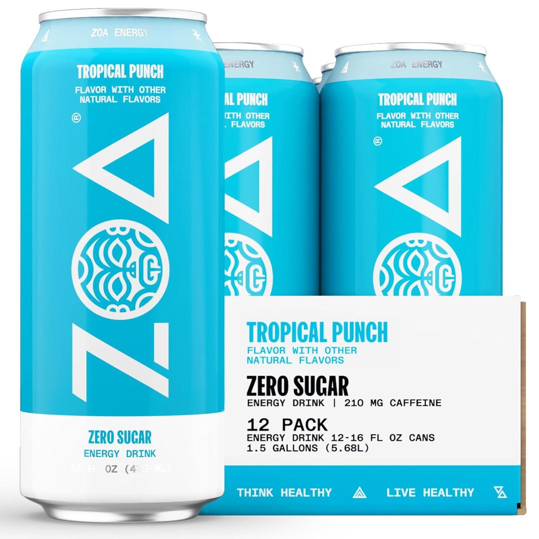 ZOA Zero Sugar Energy Drinks - Tropical Punch | Healthy Energy Formula with Natural Caffeine, Daily Vitamin C, Essential B-Vitamins | Gluten-Free, Keto Friendly | 16 Ounce Cans (Pack Of 12) (EXP 12/02/26)
