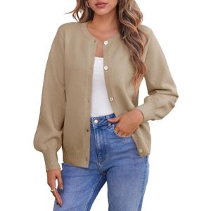 Saodimallsu Womens Button Down Cardigan Sweaters Crew Neck Long Sleeve Open Front Loose Fall Soft Knit Sweater Coats (Medium, Khaki)