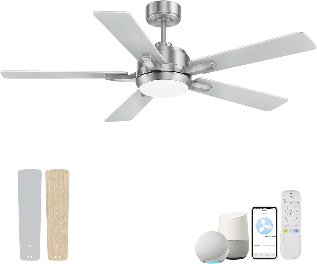 cumilo 52 Smart Outdoor Ceiling Fans LED Lights and Remote,Quiet DC Motor,6 Speed,Dimmable,Indoor Modern Brushed Nickel Ceiling Fan Controlled by WIFI Alexa App,Gray Silver Wood Bedroom Patio Porch