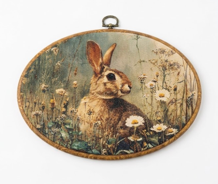 Sviojuce Vintage Bunny Oval Wall Art Decor, Rustic Farmhouse Wildflower Bunny Framed Canvas Prints Wall Artwork, Easter Rabbit Wall Hanging Decor for Bedroom Living Room Decorations, 8.6x11.4 Inch