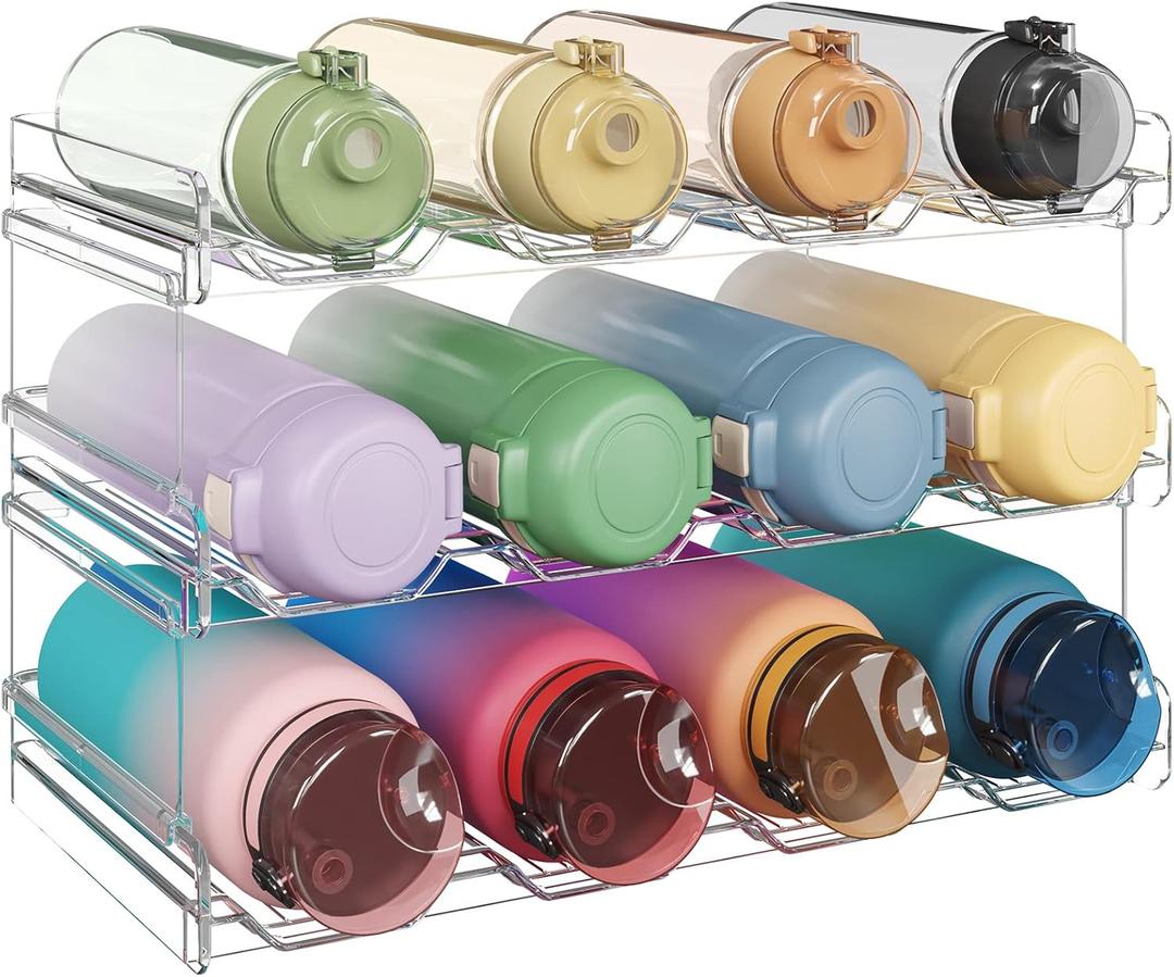 Lifewit Stackable Water Bottle Organizer for Cabinet, Water Bottle Holder, Kitchen Pantry Organization and Storage, Plastic Fridge Wine Racks, Tumbler Travel Mug Cup Holder, 3Pack, Hold 12 Bottles (12-bottle)
